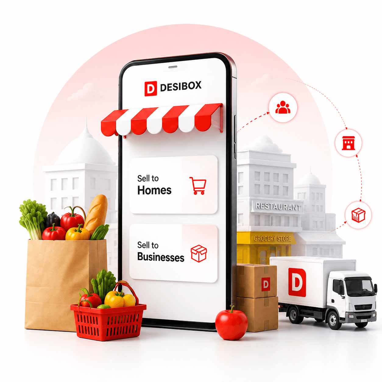 Authentic packaged foods and produce arranged in a branded Desibox shipping box